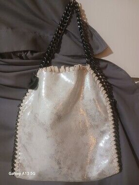 Iridescent Silver Tote with Dark Silver Chain Handles/crossbody